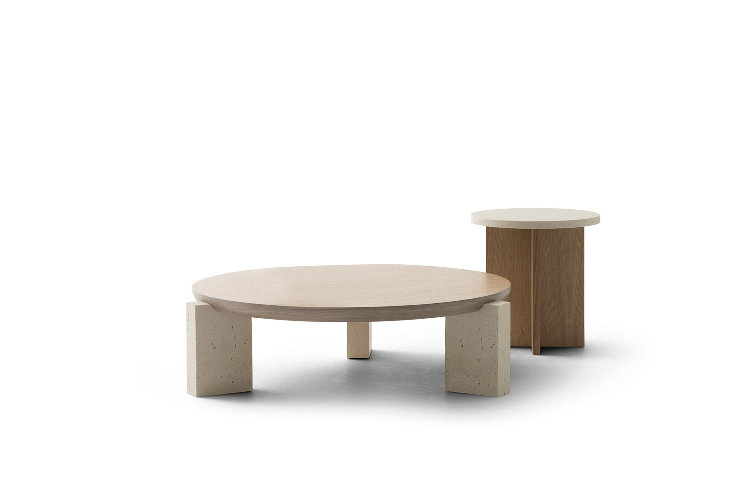 Sleek modern coffee table set with natural wood finishes and concrete accents, perfect for contemporary living rooms and stylish home décor.