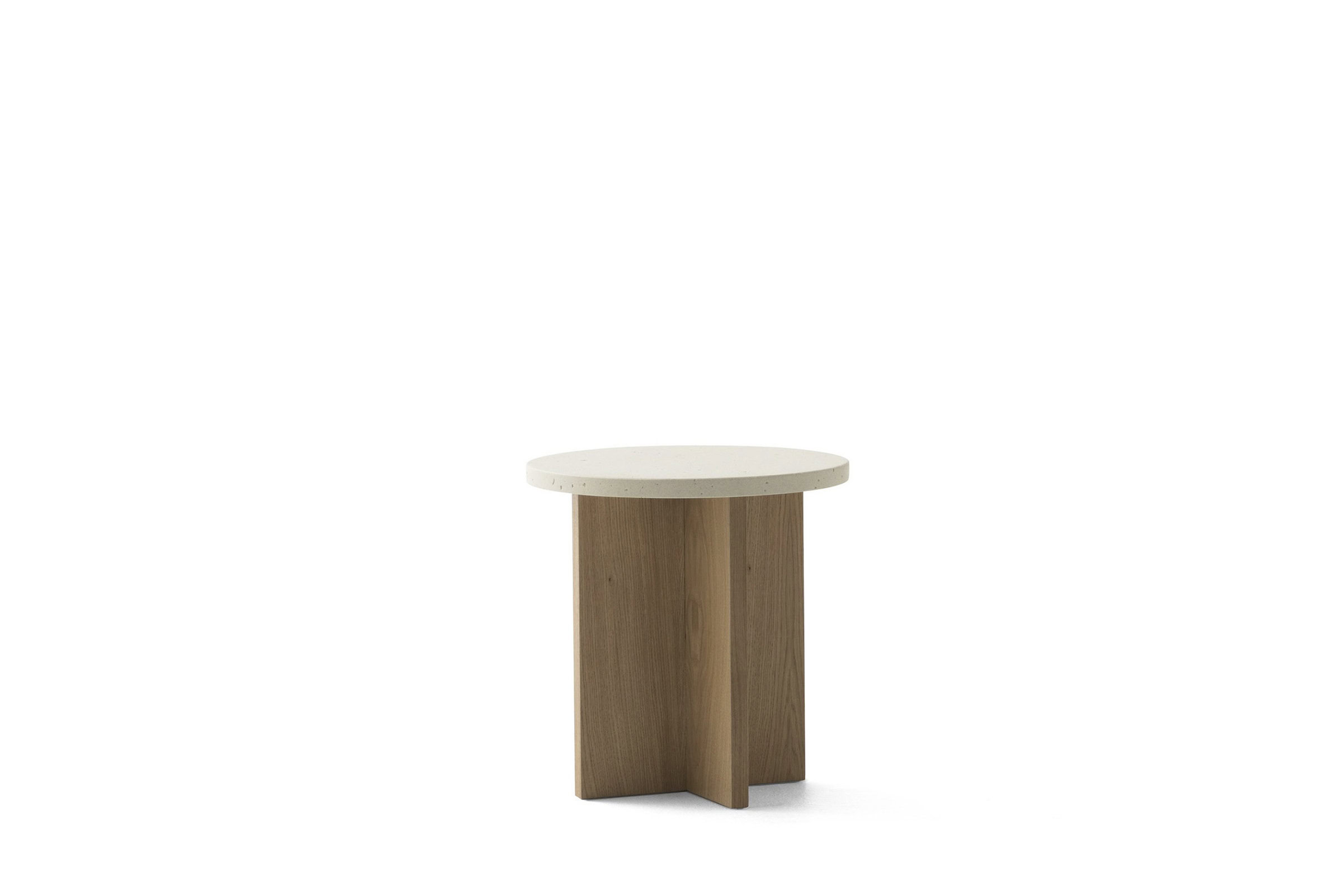 Sleek modern side table with a round white stone top and wooden base, perfect for contemporary living room decor.