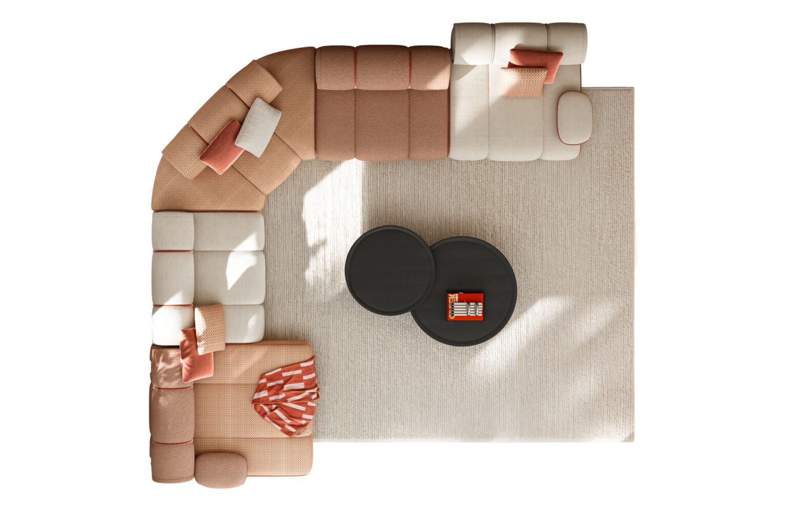 Canapea modulară luxoasă în tonuri delicate de bej, roz și coral, cu perne decorative, ideală pentru livinguri moderne, asortată cu măsuțe de cafea negre pe un covor neutru.