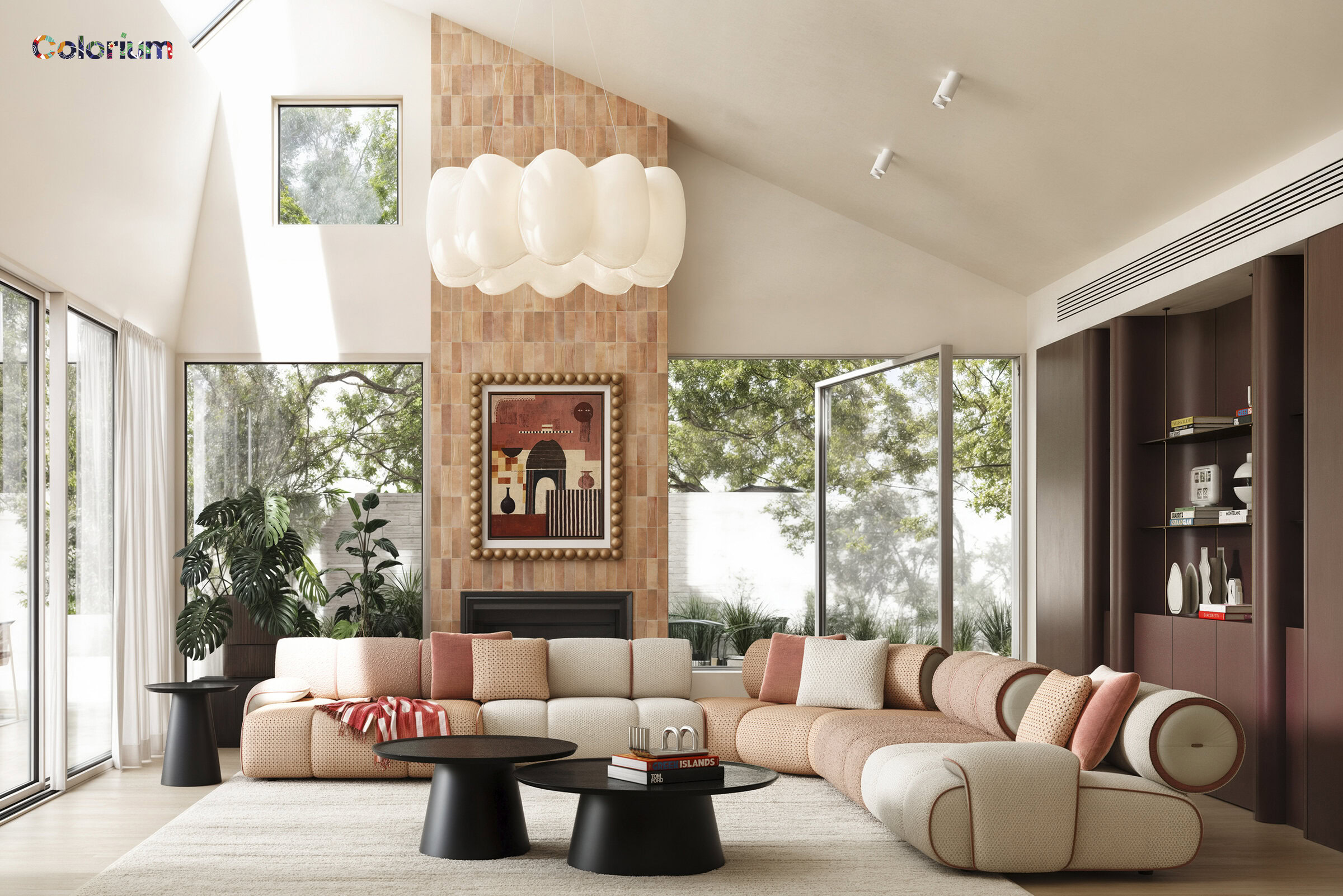 Luxurious modern living room featuring a pastel pink and white sectional sofa, black coffee tables, large windows with abundant natural light, a contemporary fireplace, and stylish decorative accents, showcasing high-end furniture from Saloni Furniture.