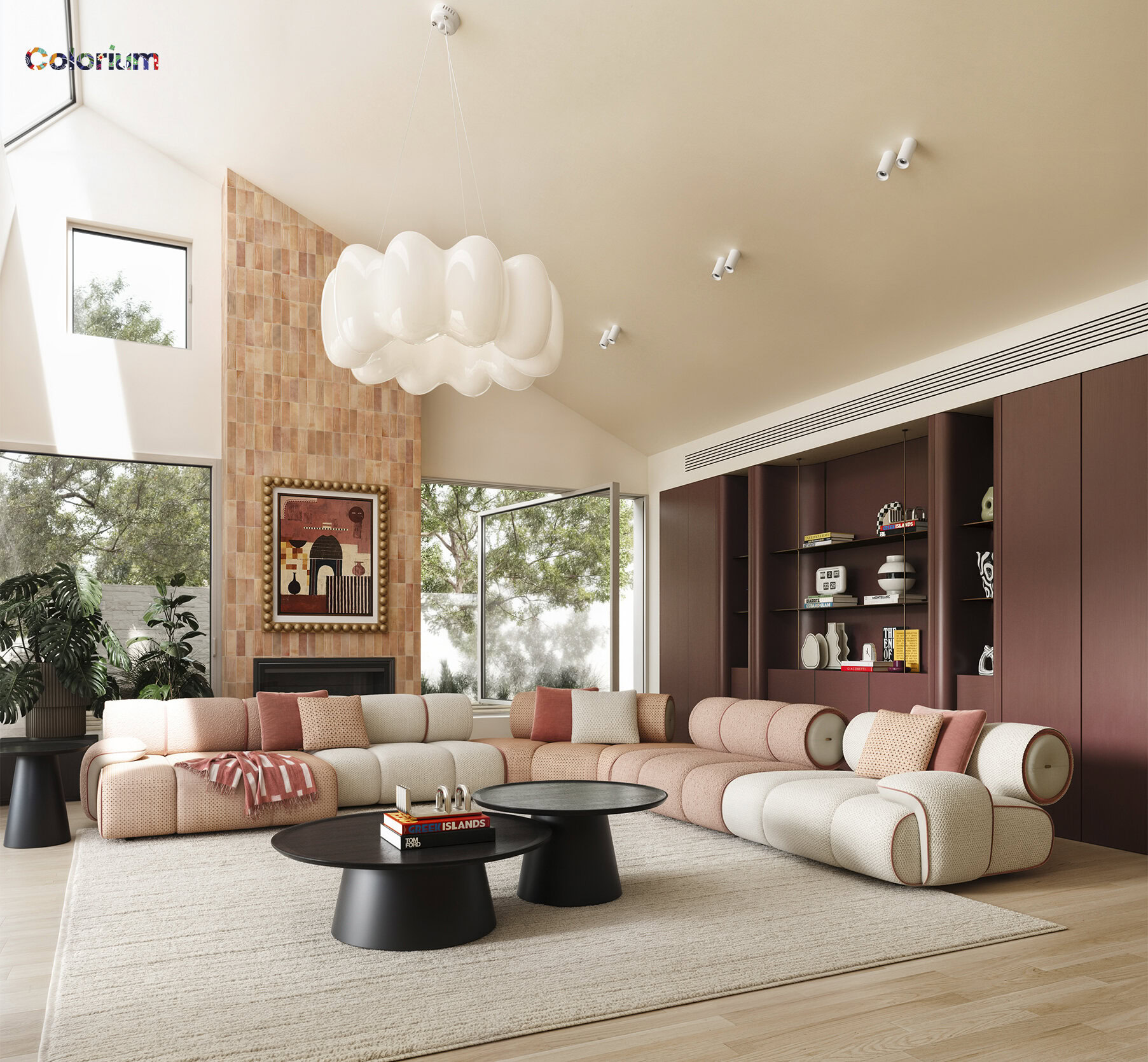 Elegant modern living room with a beige and pink sectional sofa, black coffee tables, and a statement chandelier, showcasing stylish Saloni Furniture designs and contemporary interior decor.
