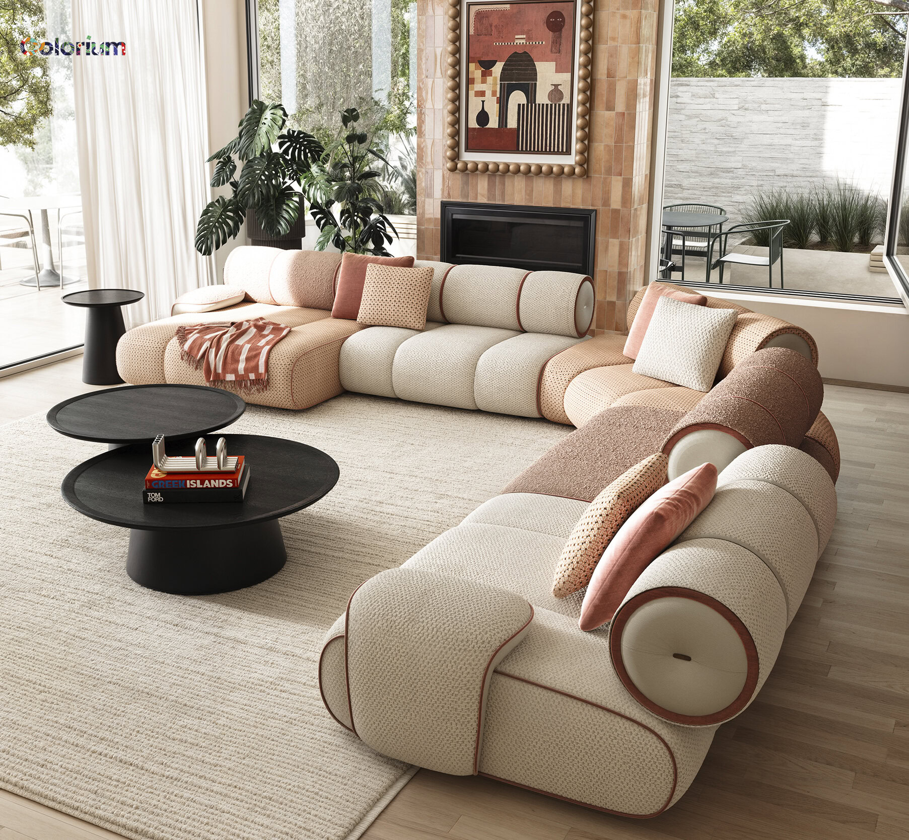 Luxurious modern sectional sofa in pastel beige and pink tones with cylindrical armrests, set in a contemporary living room with natural light and stylish decor, perfect for sophisticated home interiors.