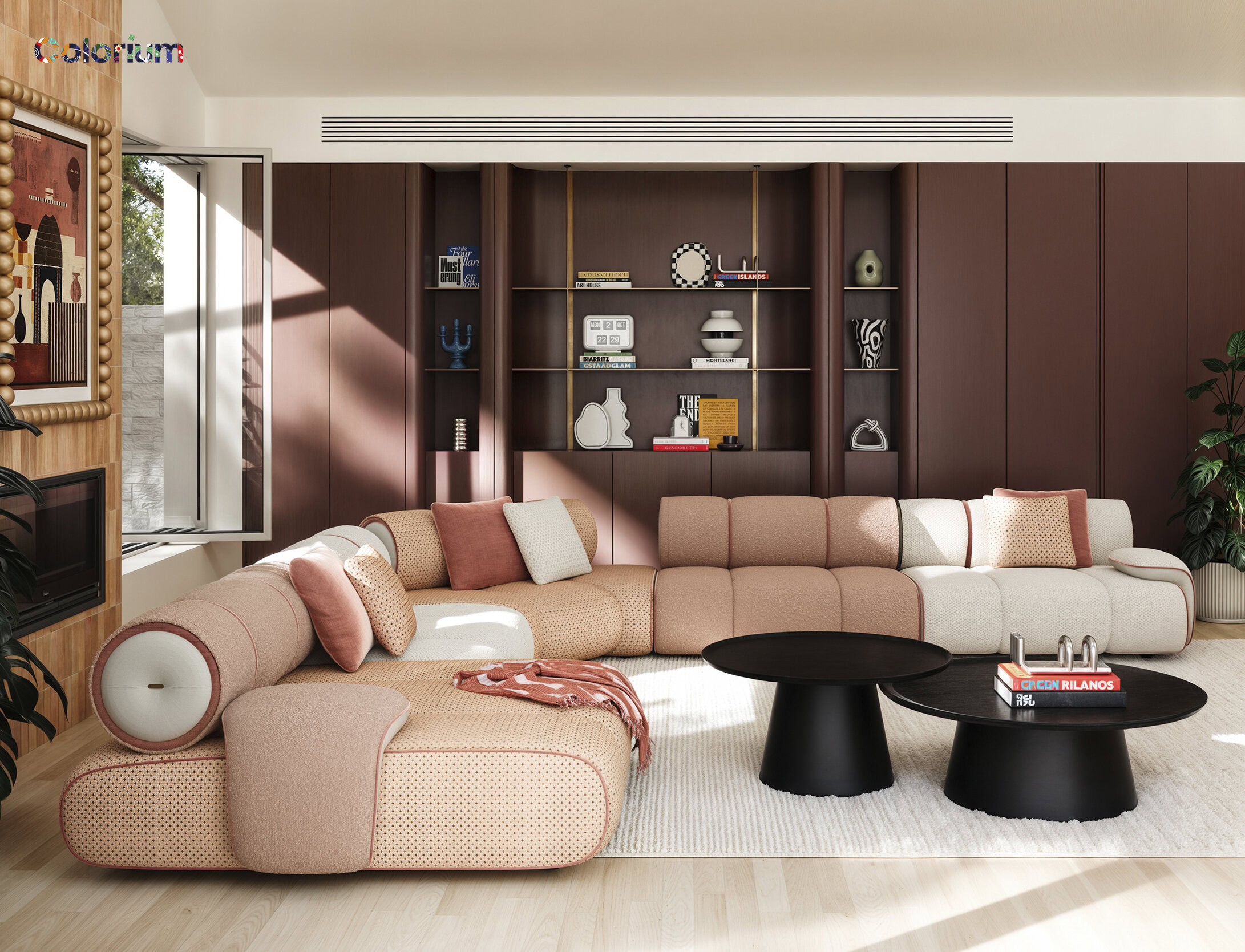 Modern sectional sofa with pastel pink, beige, and white upholstery in a stylish living room with wood accents and decorative shelving.