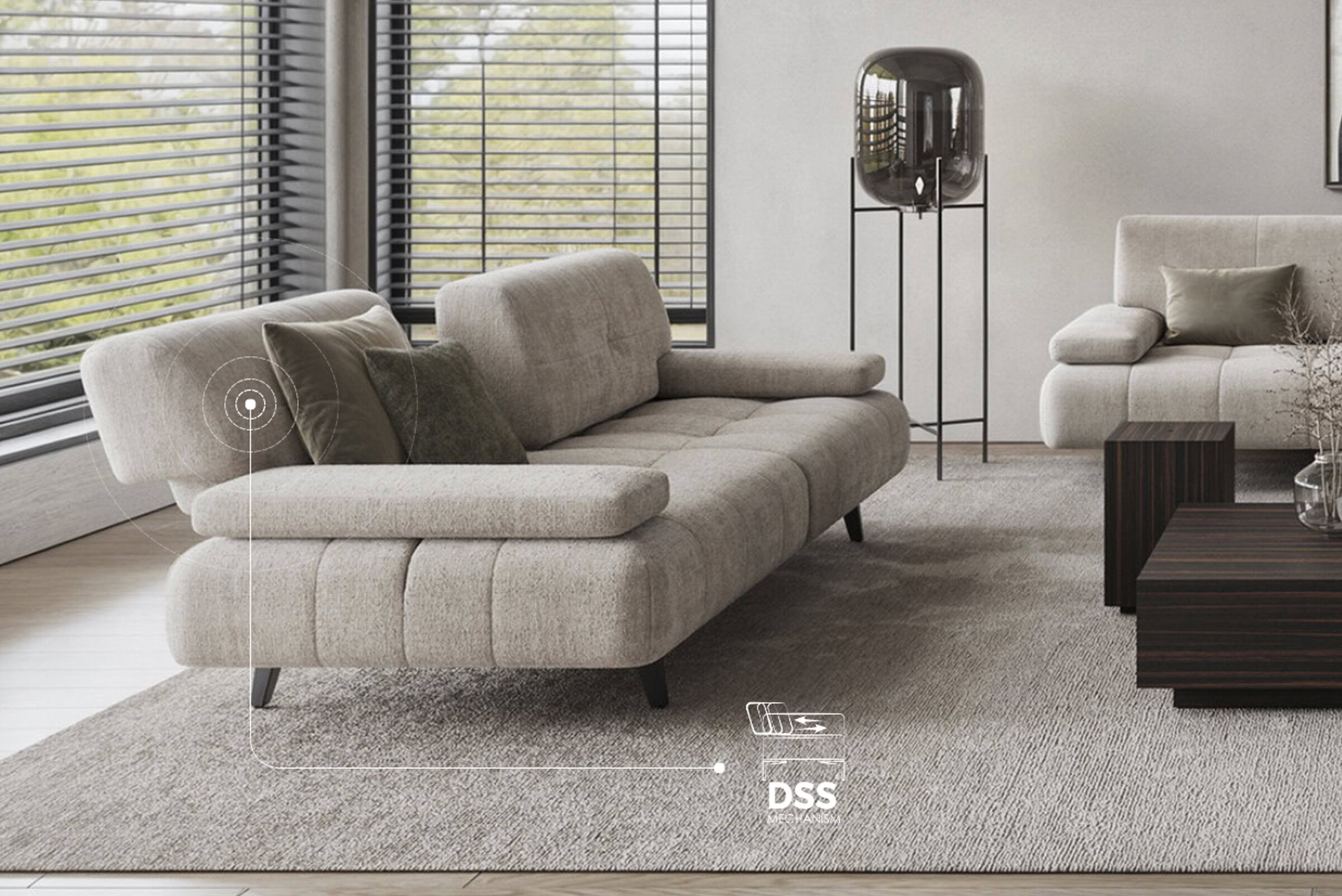 Contemporary beige sofa with plush cushions and sleek design in a modern living room setting with large windows and stylish decor.