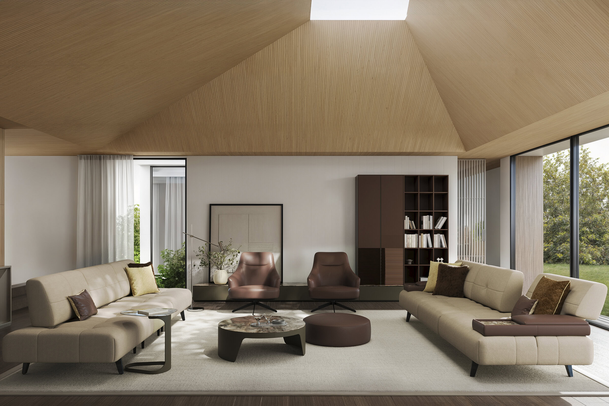 Spacious modern living room featuring beige sofas, brown armchairs, a central coffee table, and large windows with white curtains, ideal for contemporary home decor.