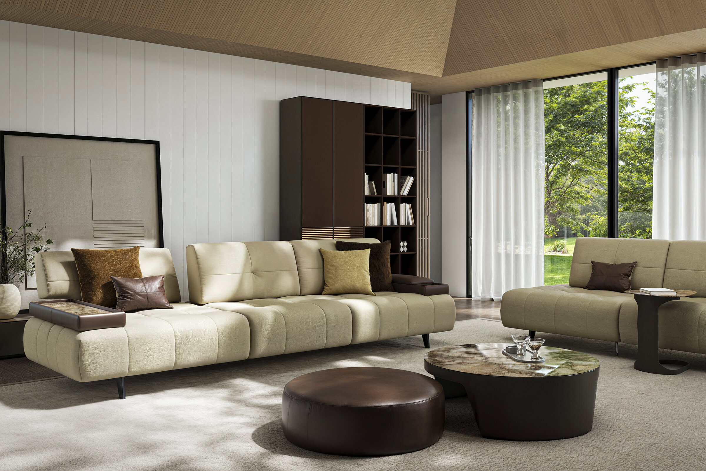 Elegant modern living room with cream sofas, dark wood bookshelf, and large window with greenery view, showcasing Saloni Furniture's stylish design.