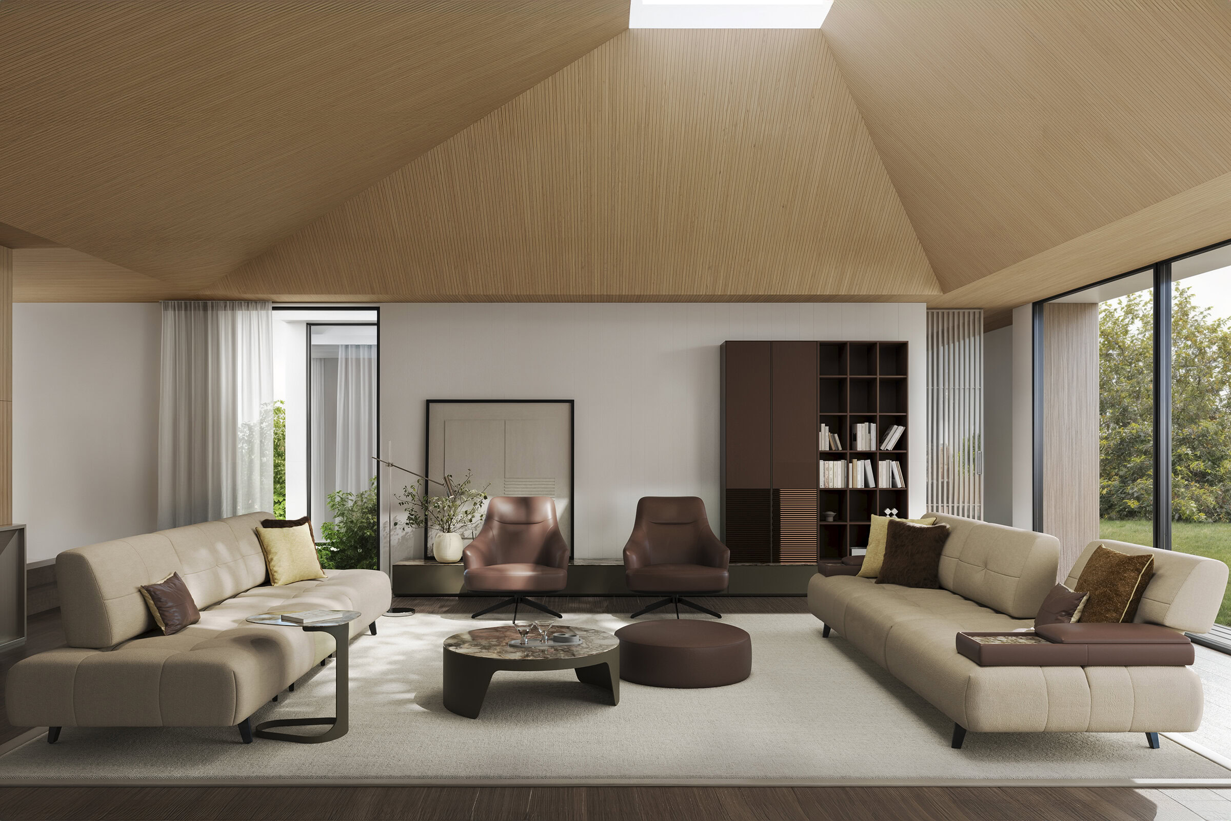 Elegant modern living room with beige sofas, brown armchairs, and a large window with natural light, showcasing stylish furniture from Saloni Furniture.