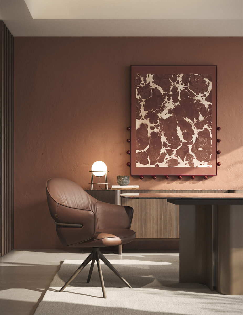 Scaun de birou elegant din piele maro, cu design ergonomic, perfect pentru birouri executive și spații de lucru profesionale, combinând confortul și stilul.