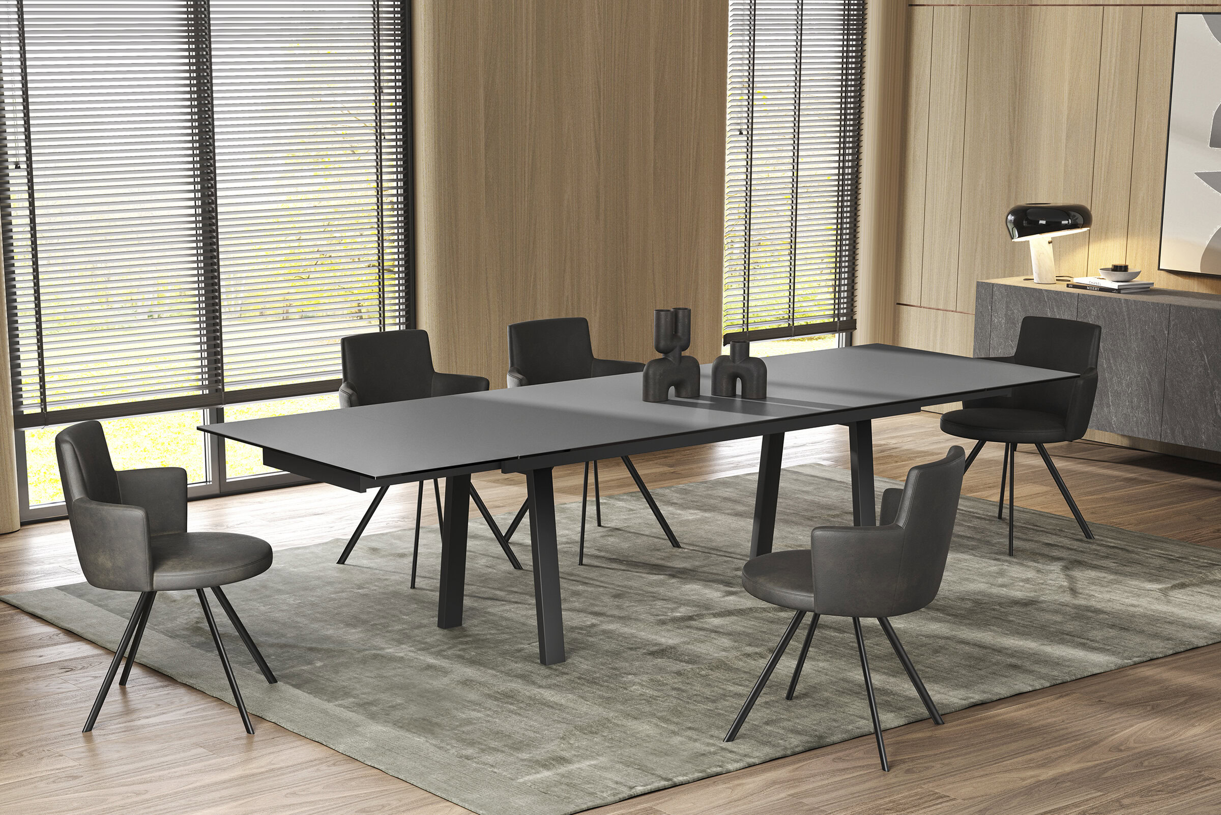 Modern black dining table with six stylish upholstered chairs in a contemporary interior setting. Elegant design perfect for family meals or professional meetings.