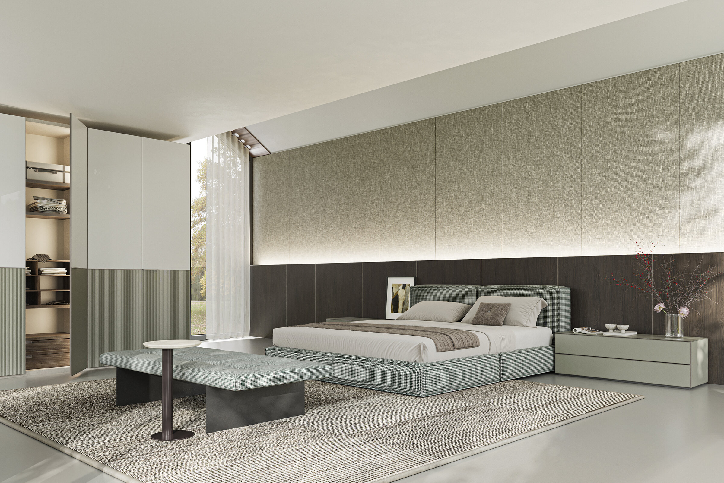 Luxurious modern bedroom featuring a stylish upholstered bed, sleek side table, and contemporary decor with neutral tones, perfect for elegant living and customized furniture solutions by Saloni Furniture.