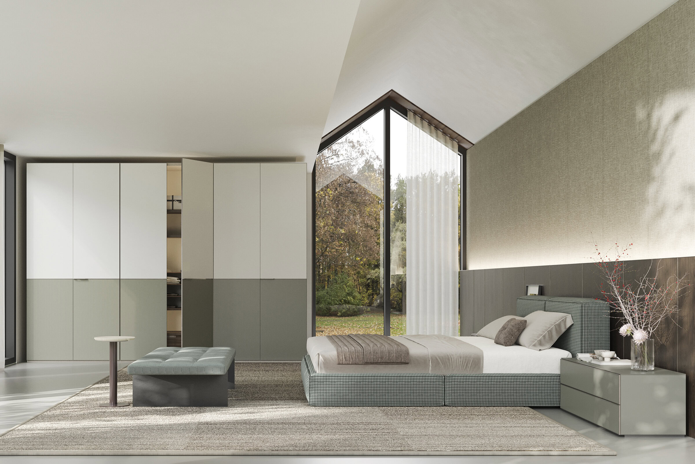 Contemporary bedroom with modern furniture, large glass windows, and minimalist decor, showcasing stylish beds, wardrobes, and bedside tables perfect for a sleek and elegant home interior.