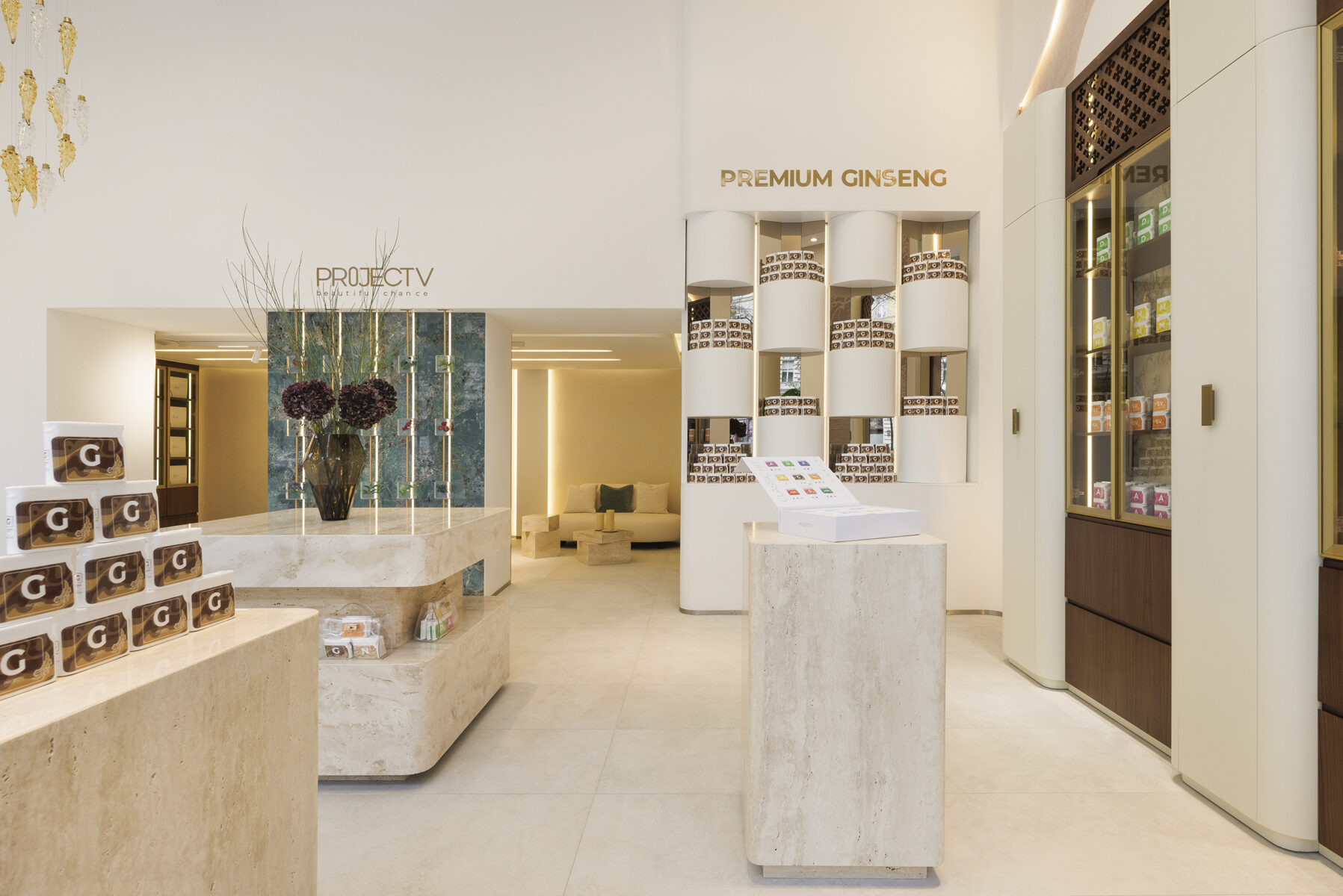 Modern interior of Saloni Furniture store showcasing premium ginseng products and elegant display units.