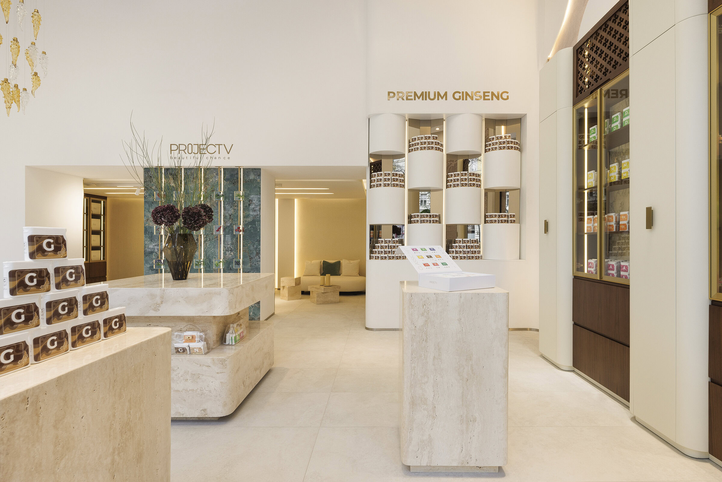 Modern interior of Saloni Furniture store showcasing premium ginseng products and elegant display units.
