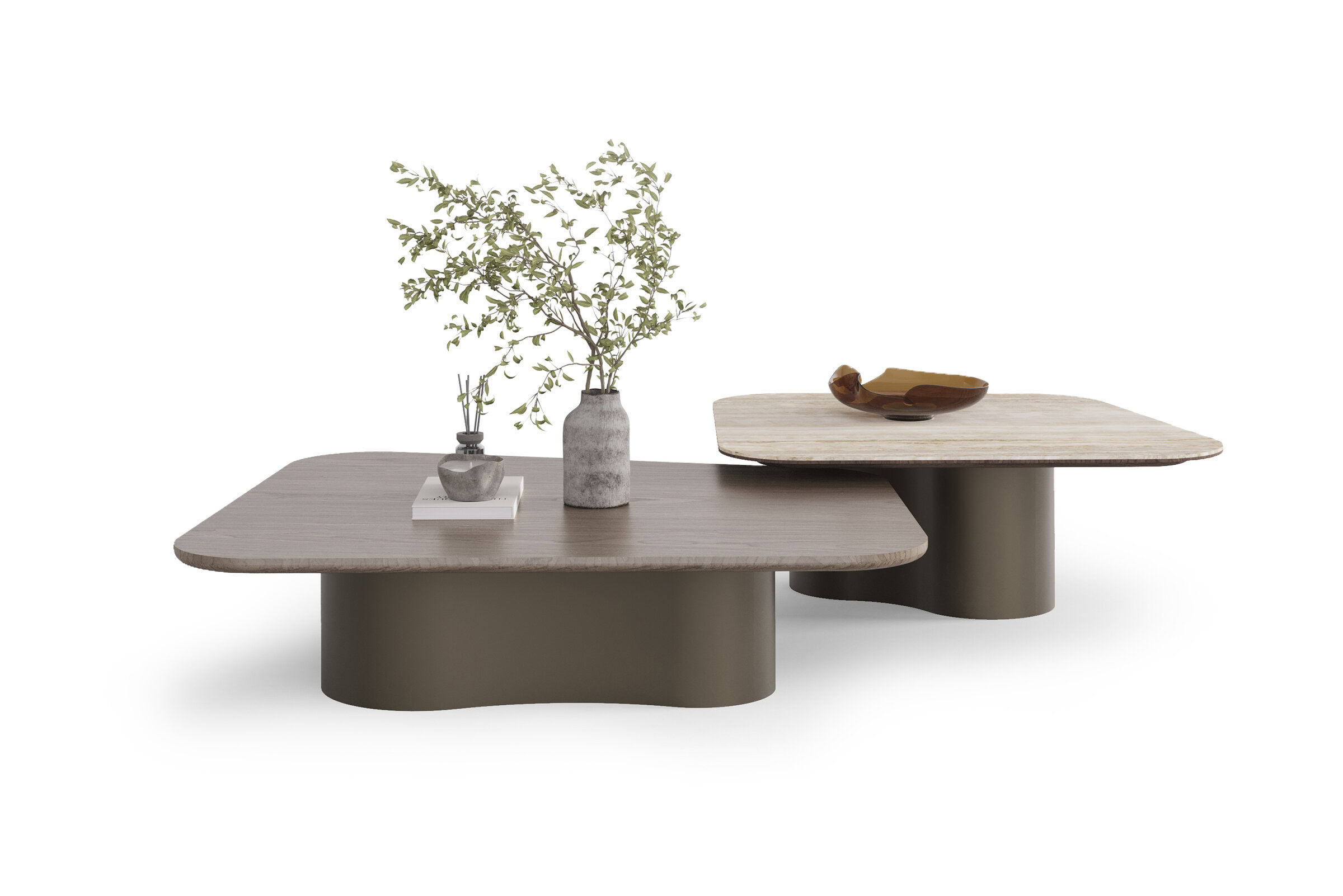 Contemporary wooden coffee table with a distinctive, organic shape and neutral tones, perfect for modern living rooms and stylish interior decor.