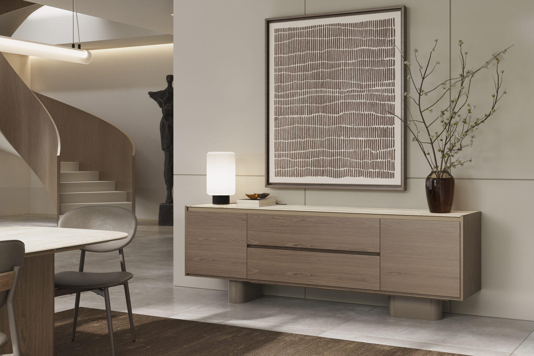 Bufet elegant din lemn, cu linii curate, perfect pentru decorul contemporan al camerei de zi și pentru soluții de depozitare. Fabricat din lemn de înaltă calitate, combină perfect stilul și funcționalitatea.