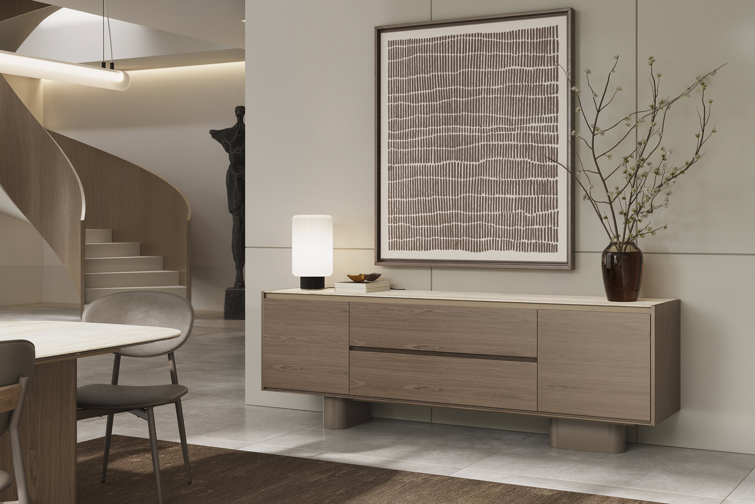 Bufet elegant din lemn, cu linii curate, perfect pentru decorul contemporan al camerei de zi și pentru soluții de depozitare. Fabricat din lemn de înaltă calitate, combină perfect stilul și funcționalitatea.