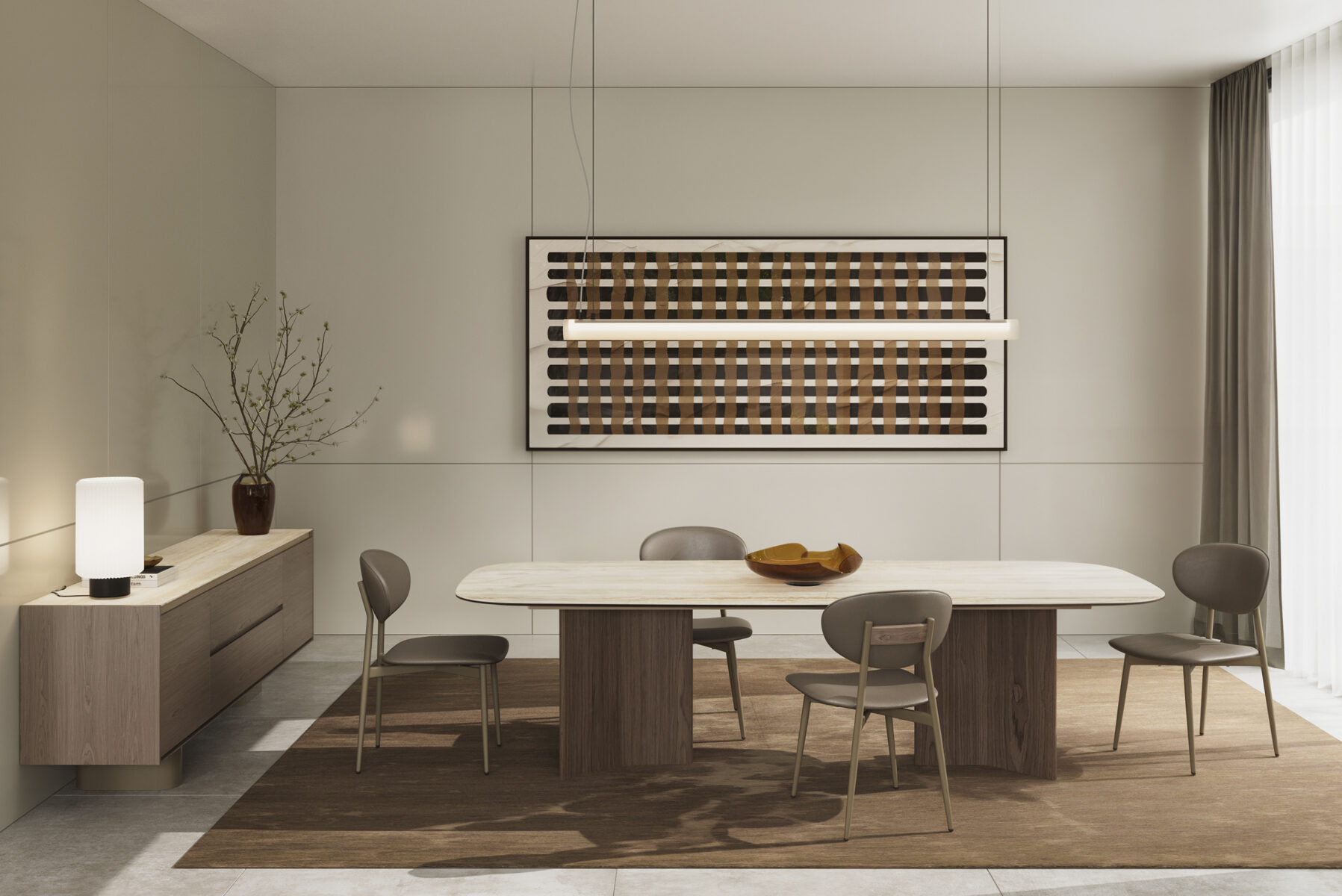 Sufragerie modernă, cu design minimalist, cu o masă albă elegantă, șase scaune confortabile și tablouri contemporane, perfectă pentru interioare elegante.