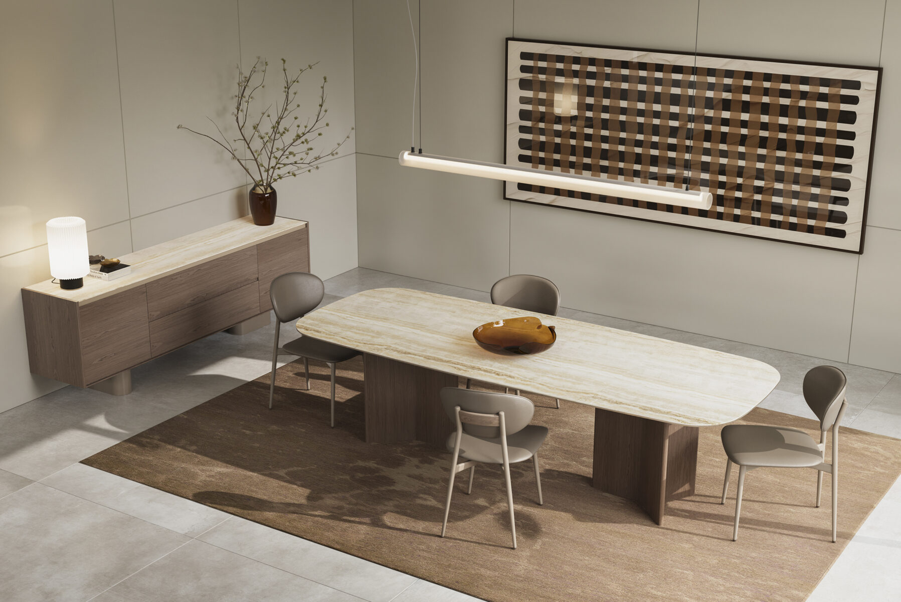 Sufragerie modernă de la Saloni Furniture, cu o masă ovală mare din lemn, șase scaune asortate și decor minimalist. Design elegant și contemporan, perfect pentru interioarele elegante ale casei.
