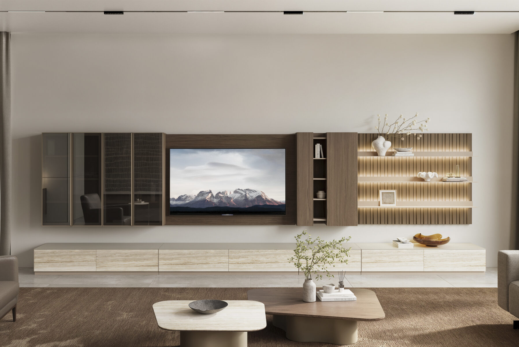 Corp de mobilier suspendat elegant și modern, cu TV integrat și rafturi deschise pentru soluții de depozitare elegante. Perfect pentru camerele de zi contemporane, combinând funcționalitatea cu designul elegant.