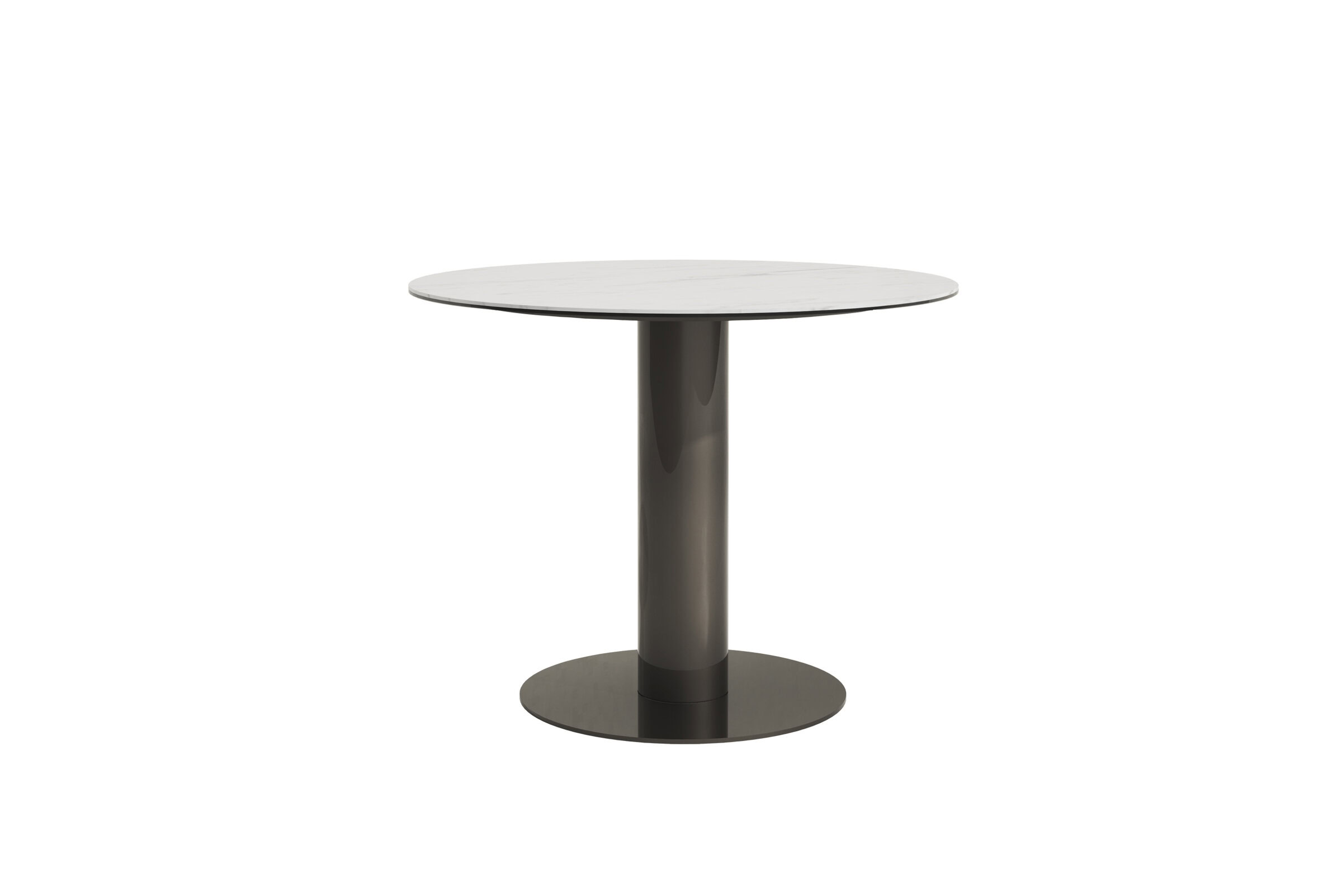 Masă rotundă modernă și elegantă, cu blat din marmură și bază metalică, perfectă pentru interioarele contemporane ale casei sau biroului.