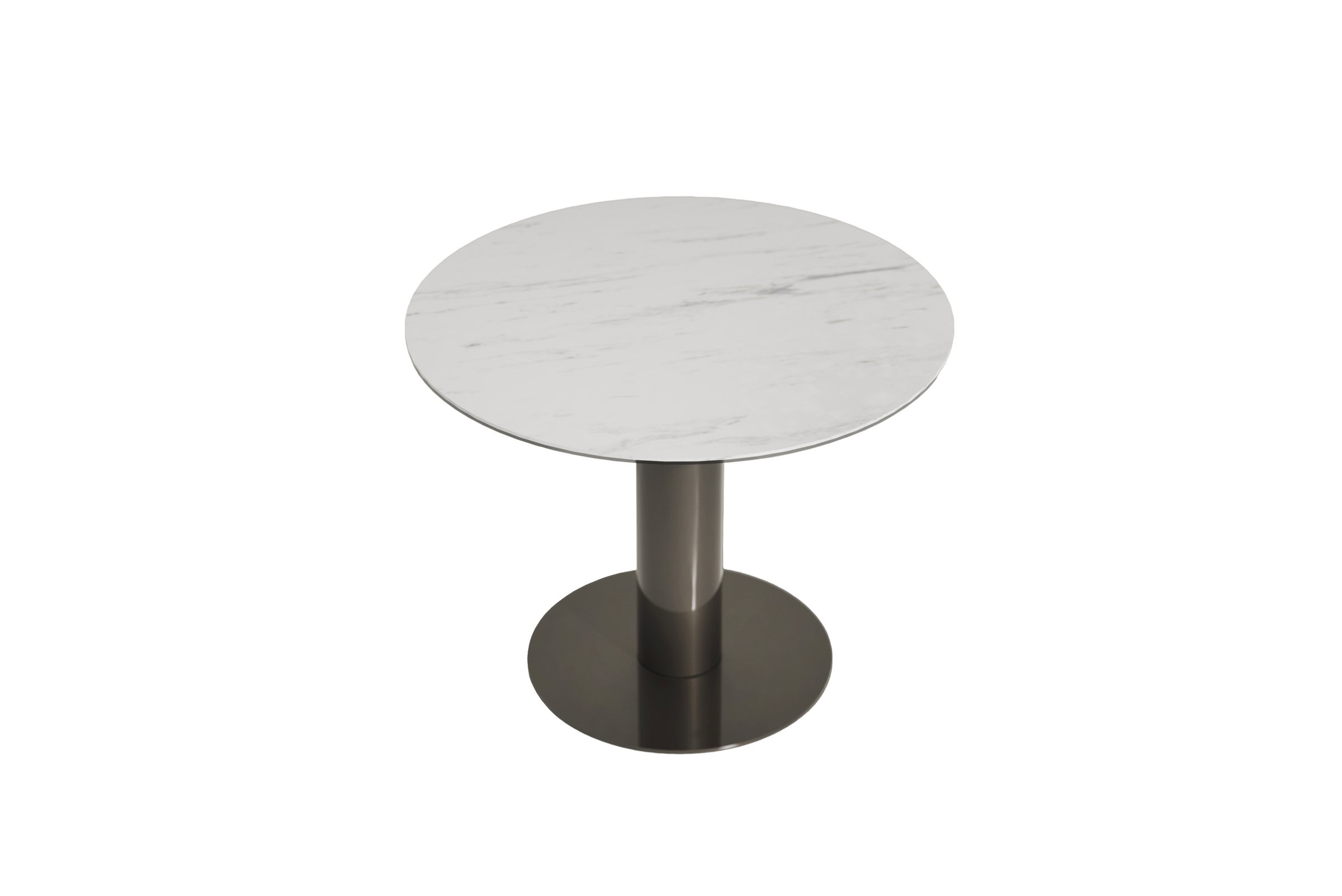 Masă rotundă din marmură albă Pompeii cu bază argintie pentru design interior modern.