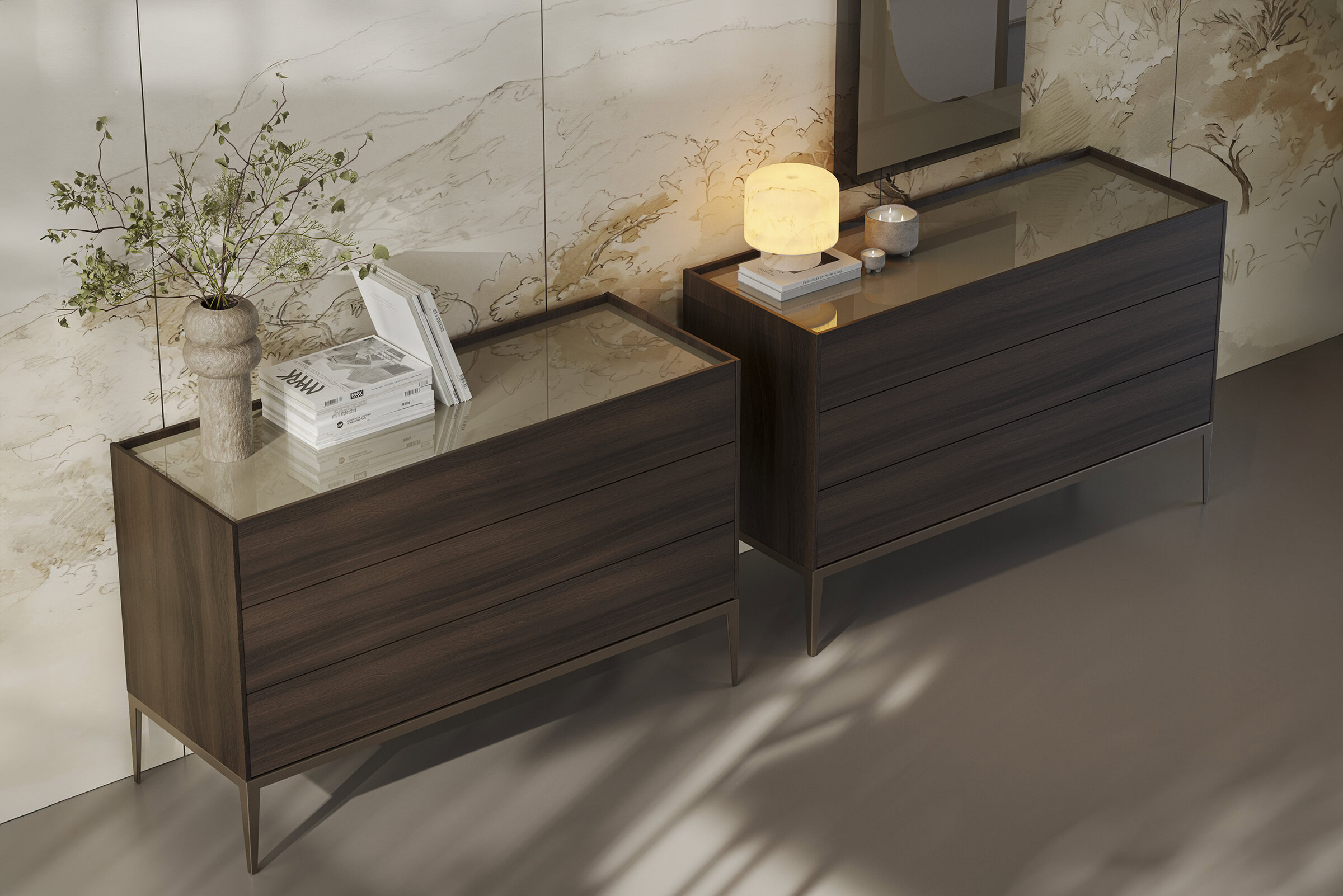 Two sleek walnut sideboards with glass tops, decorated with plants, books, and lamps, ideal for contemporary living rooms and enhancing home decor.