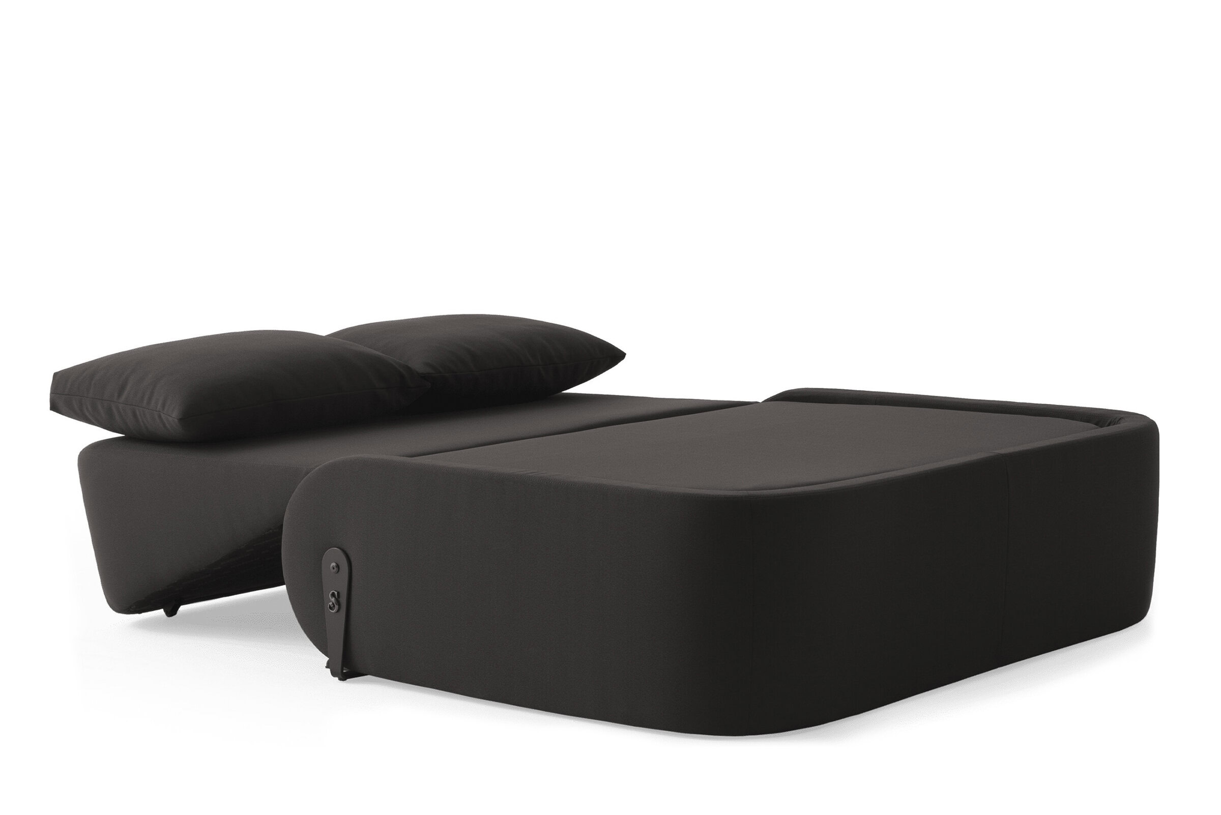 Canapea extensibilă modernă gri închis, cu perne negre pufoase, versatilă pentru spații de locuit contemporane, oferind confort și design elegant, ideală pentru soluții de mobilier care economisesc spațiu.