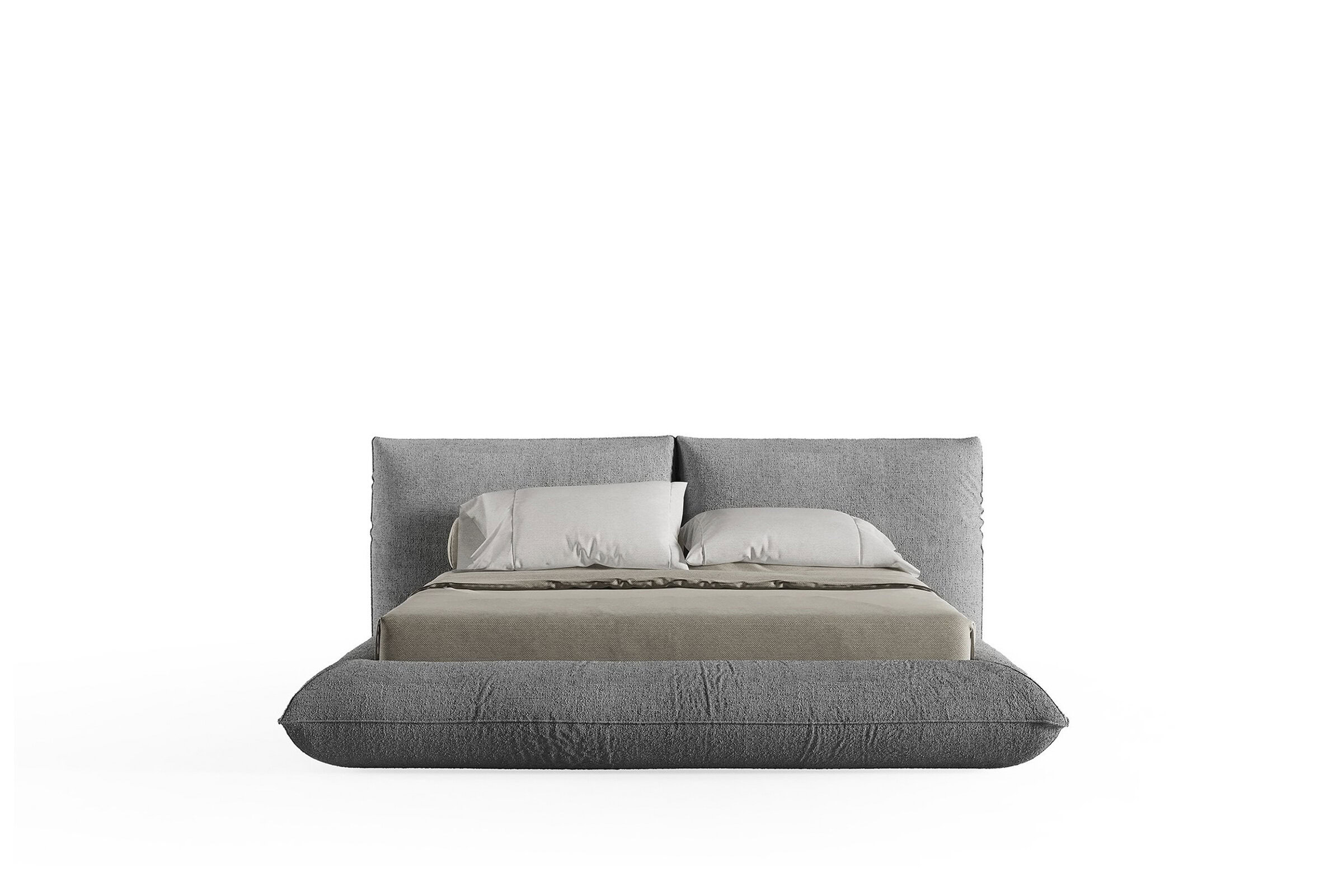 Luxurious modern grey fabric bed with plush headboard and comfortable white bedding, perfect for stylish bedroom decor and relaxation.