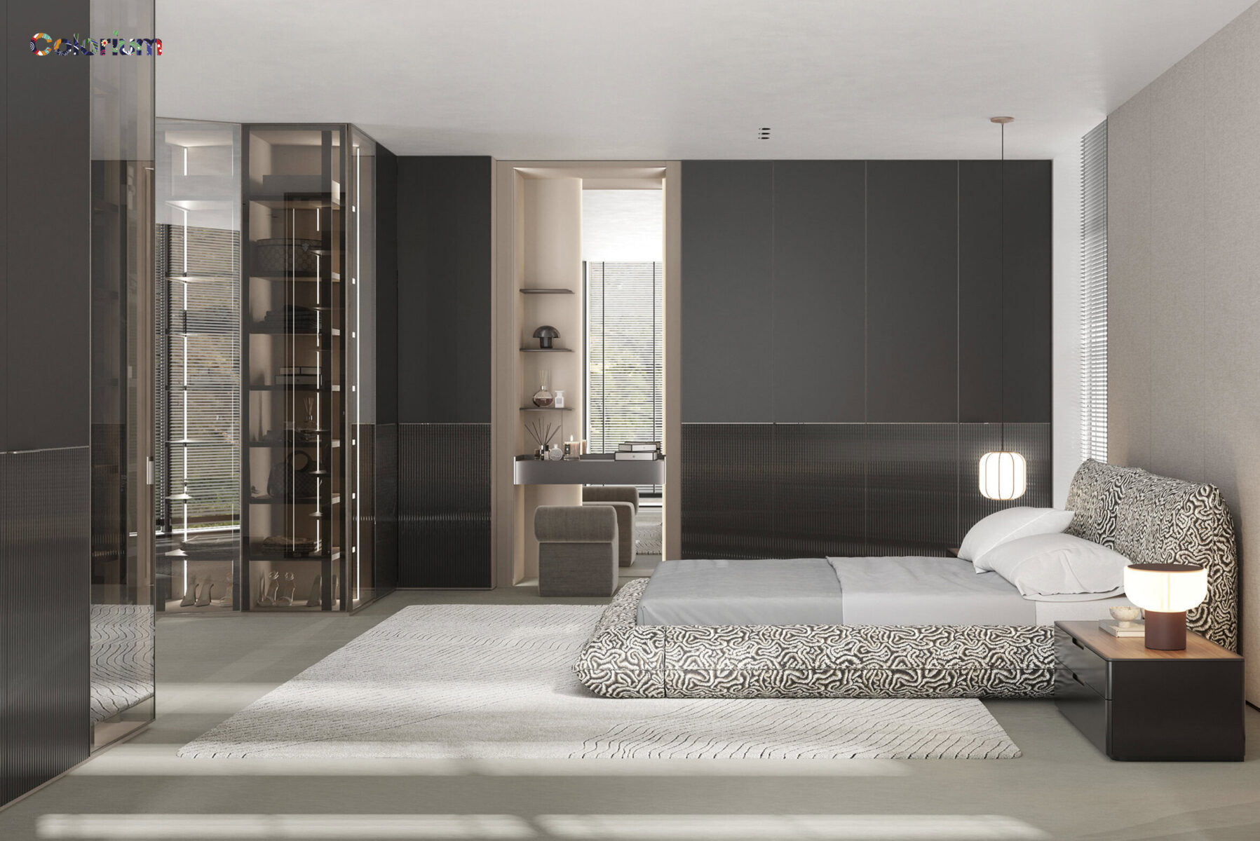 Dormitor modern și luxos, cu pat elegant, noptiere elegante și dulap elegant, care prezintă mobilier de înaltă calitate. Perfect pentru decor contemporan și confort.