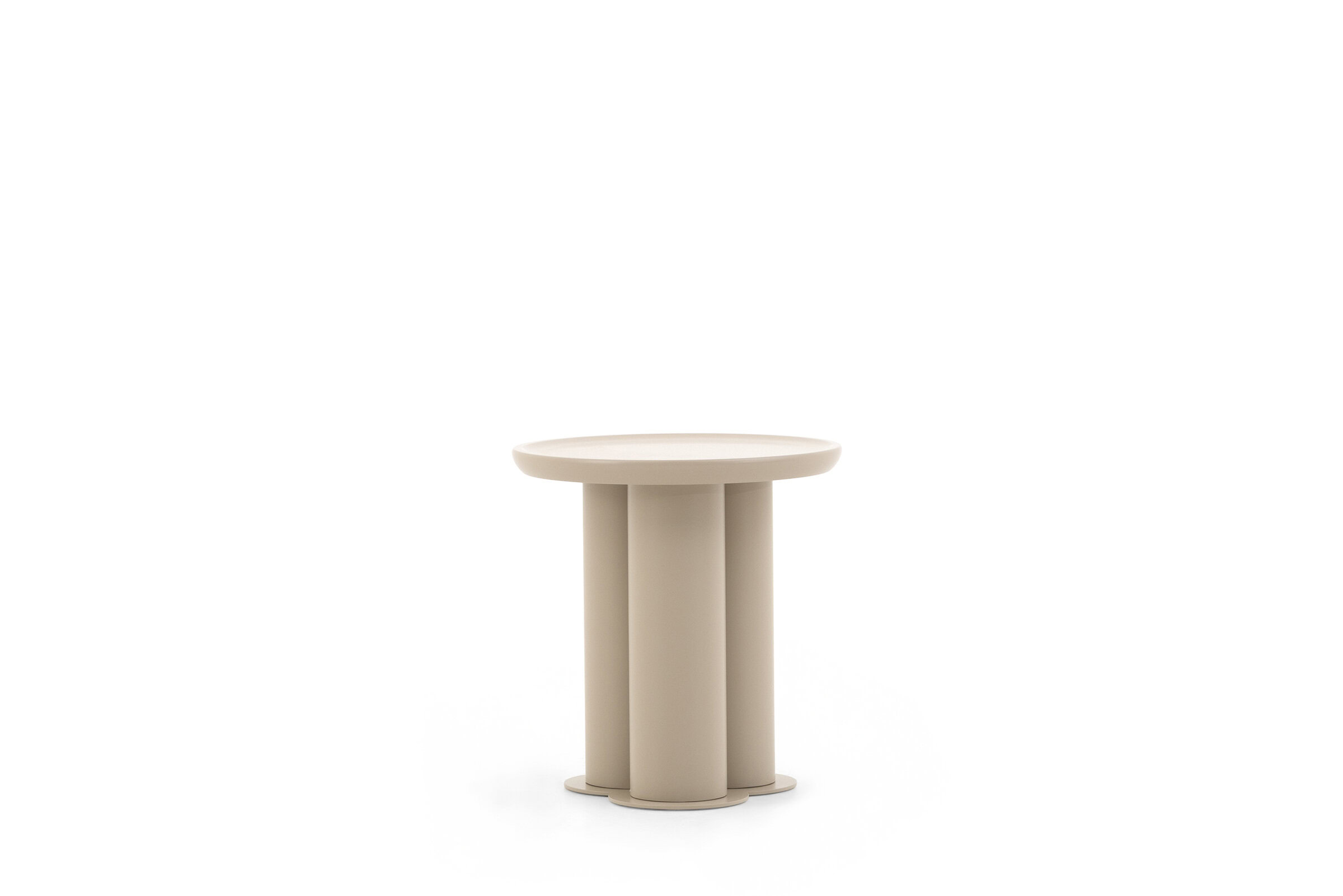 Masă laterală rotundă, modernă și elegantă, de culoare bej, cu bază cilindrică, pentru un decor elegant al casei și mobilier de accent funcțional.
