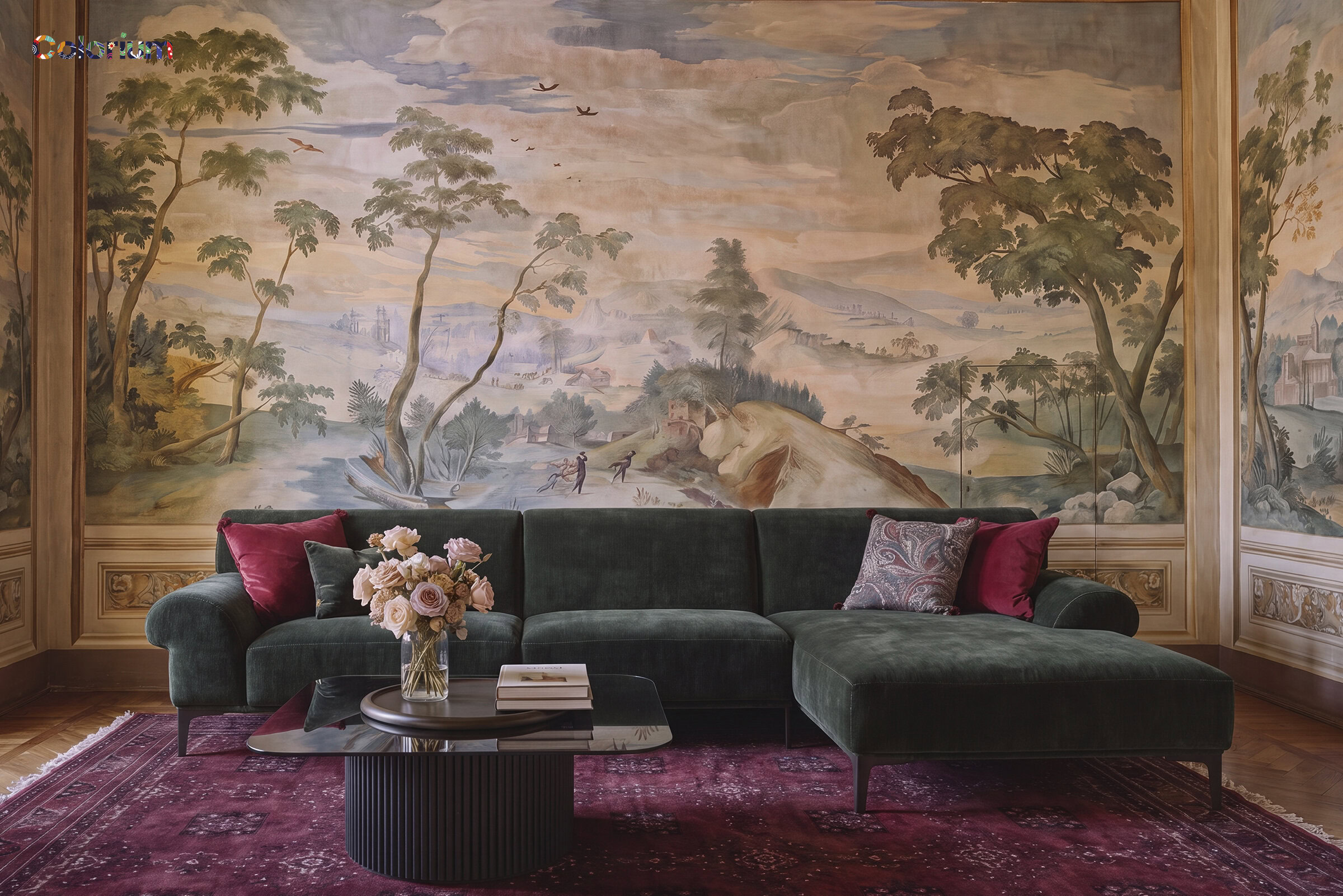 Luxurious living room featuring a dark green velvet sofa, a black coffee table, and a detailed mural of a landscape scene on the wall.