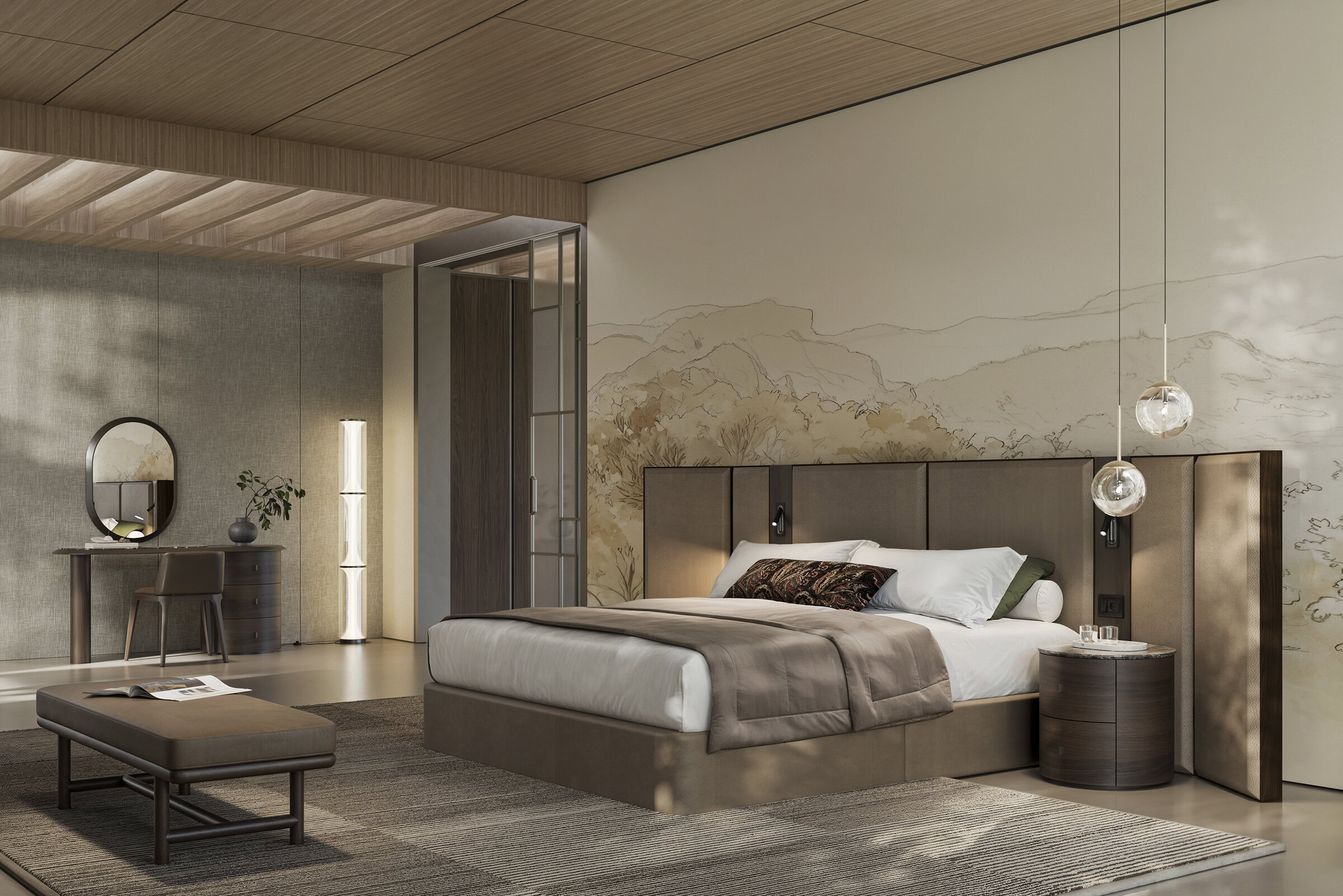 Stylish bedroom featuring contemporary furniture, a large bed with a padded headboard, side tables, and modern lighting, perfect for luxury home interiors.